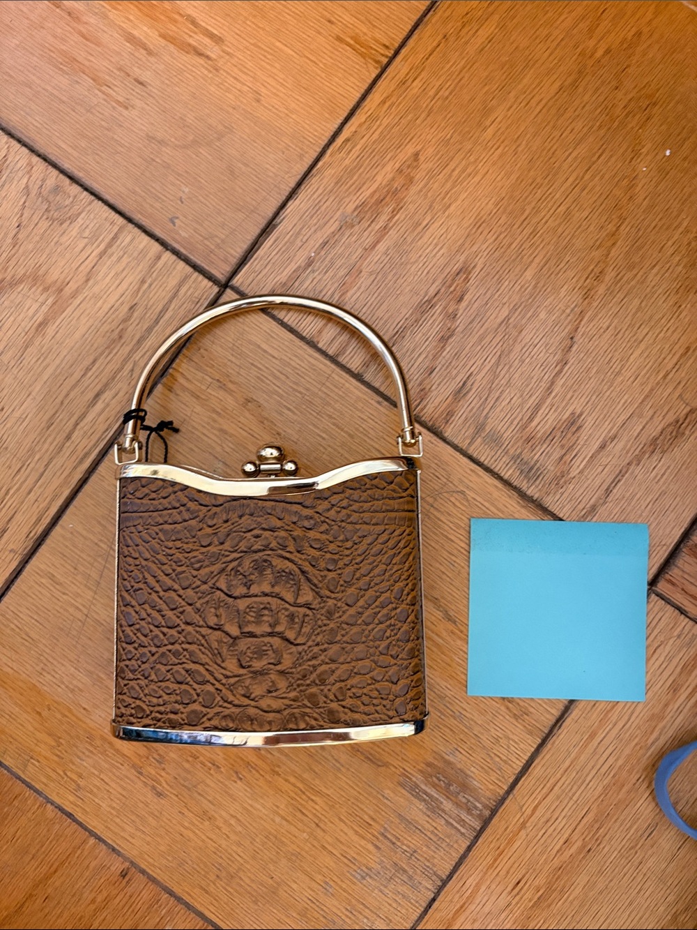 Brown Croc-Embossed Structured Top-Handle Bag with Gold Trim
